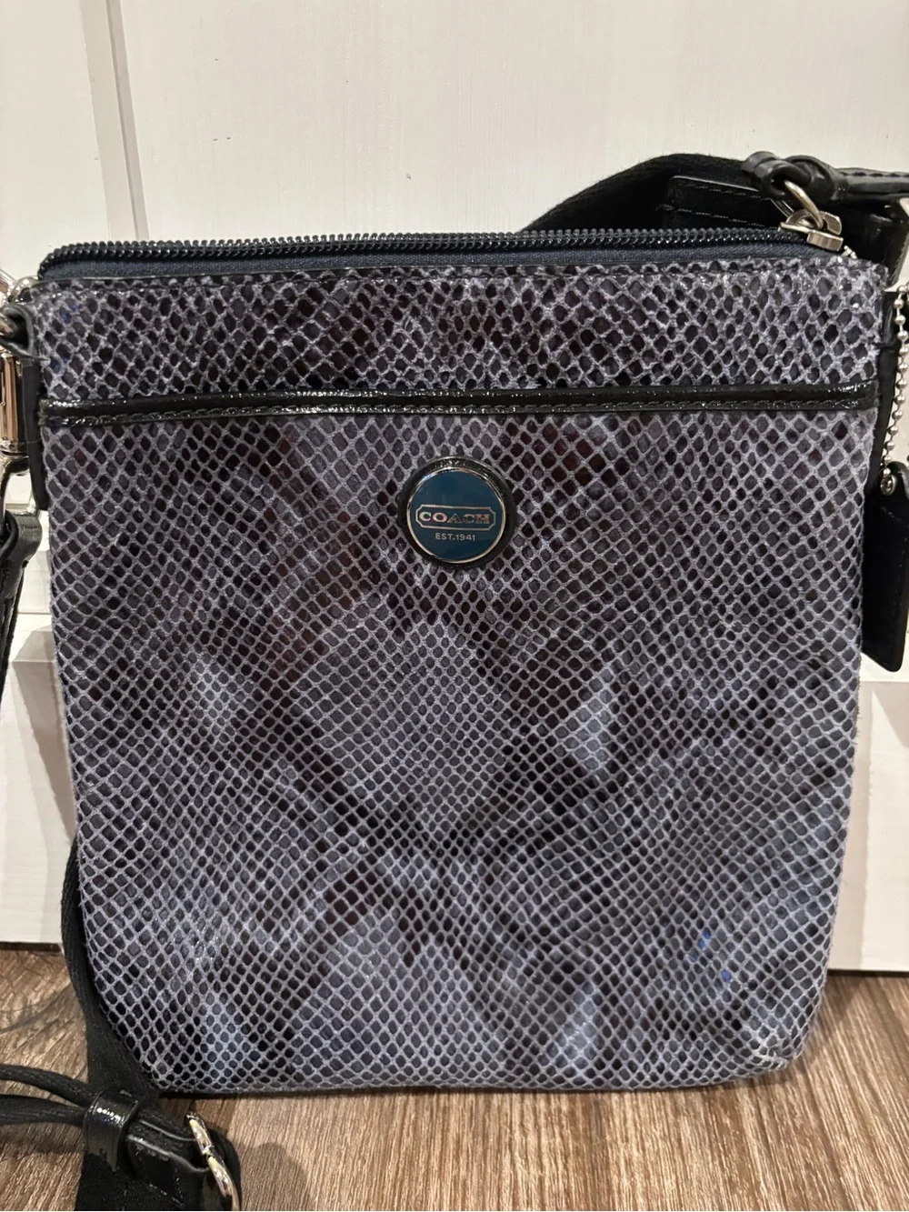 Coach grey and black snakeskin print crossbody bag